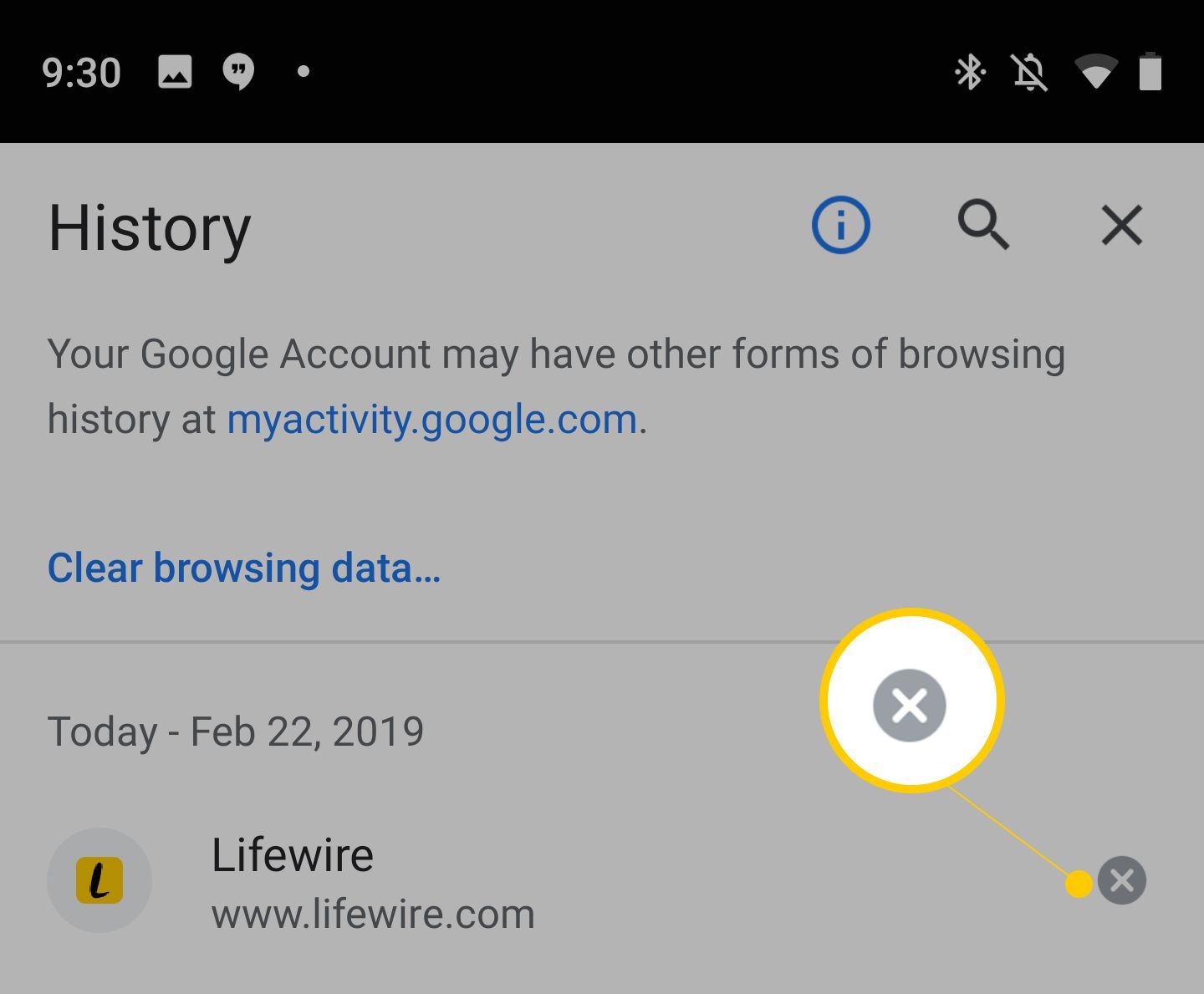 Кнопка X, чтобы очистить элемент истории в Chrome для Android