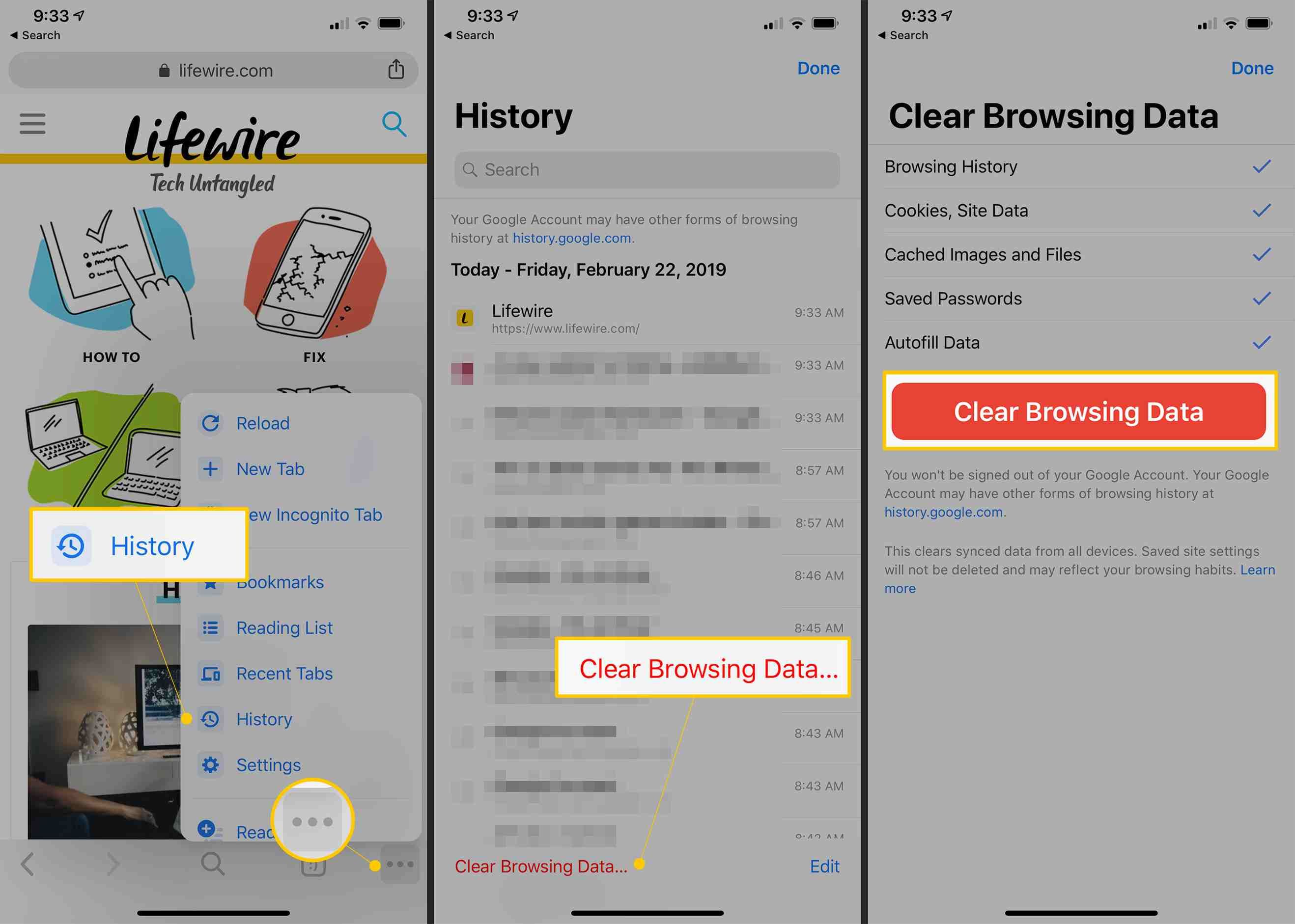 История, трехточечное меню и кнопки «Очистить данные браузера» в Chrome для iOS