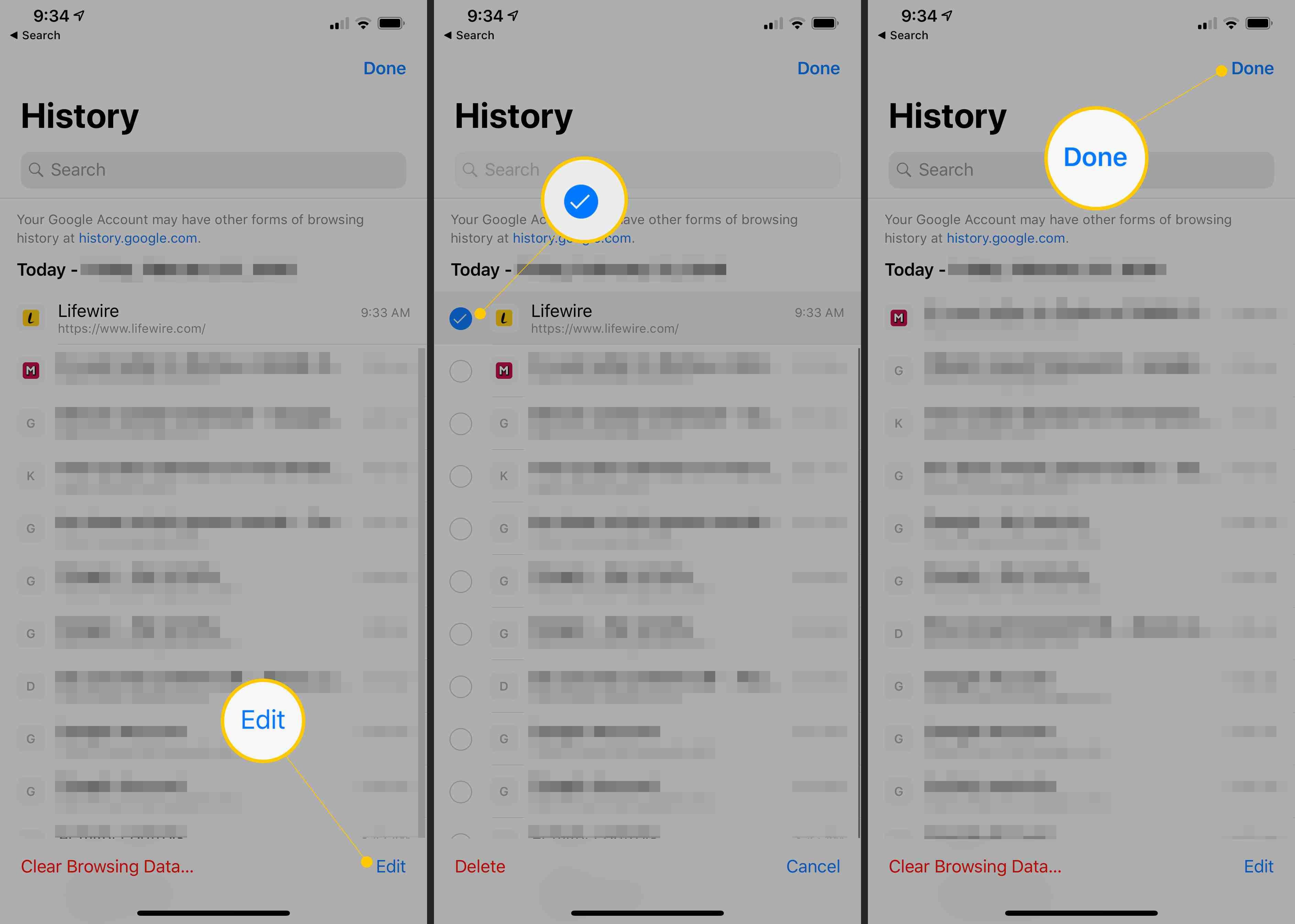 Кнопки «Изменить», «Флажок», «Готово» в истории Google Chrome для iOS