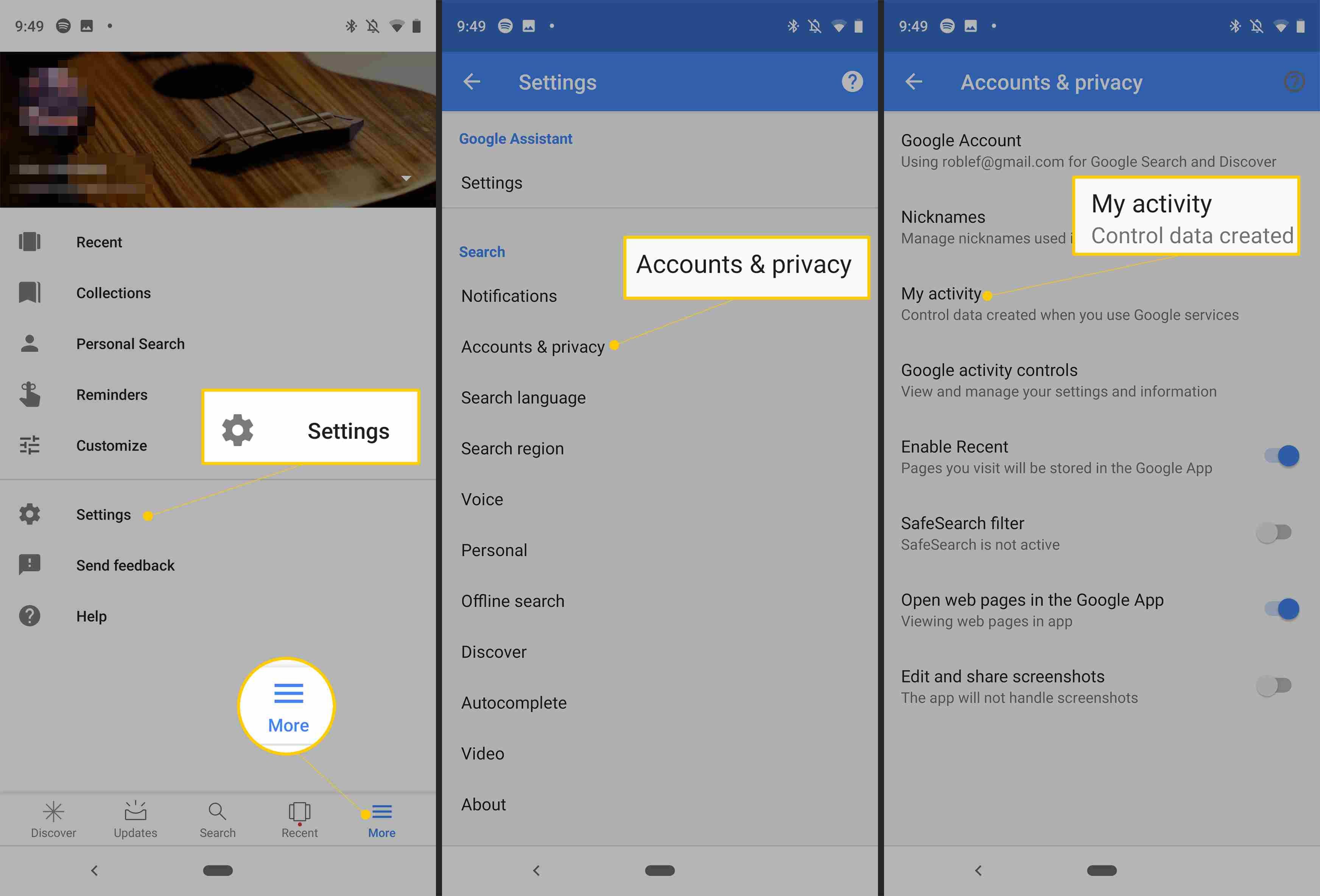 Кнопки «Дополнительно», «Настройки», «Учетные записи и конфиденциальность» и «Моя активность» в приложении Google для Android