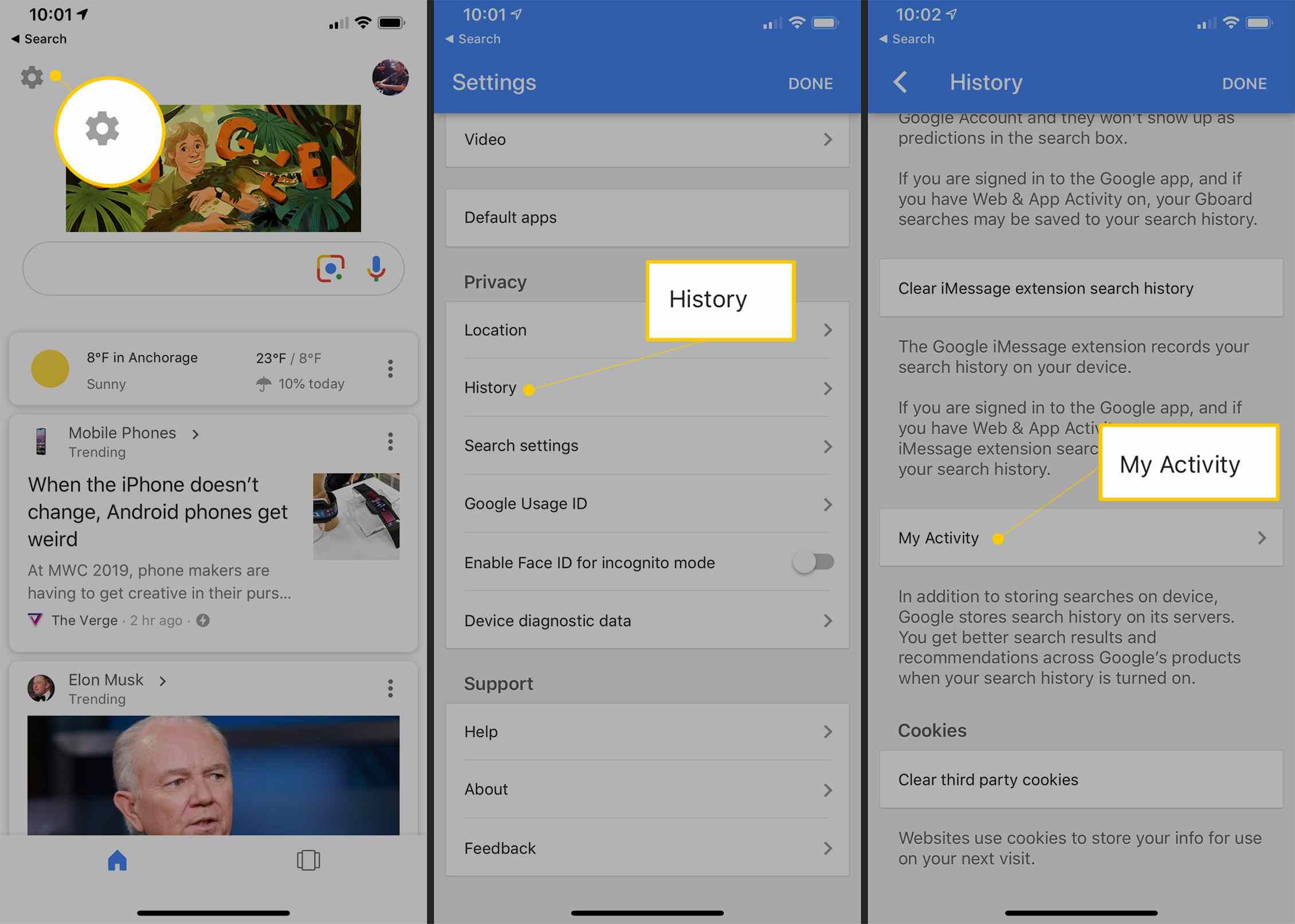 Значок шестеренки, кнопка «История», кнопка «Моя активность» в приложении Google для iOS