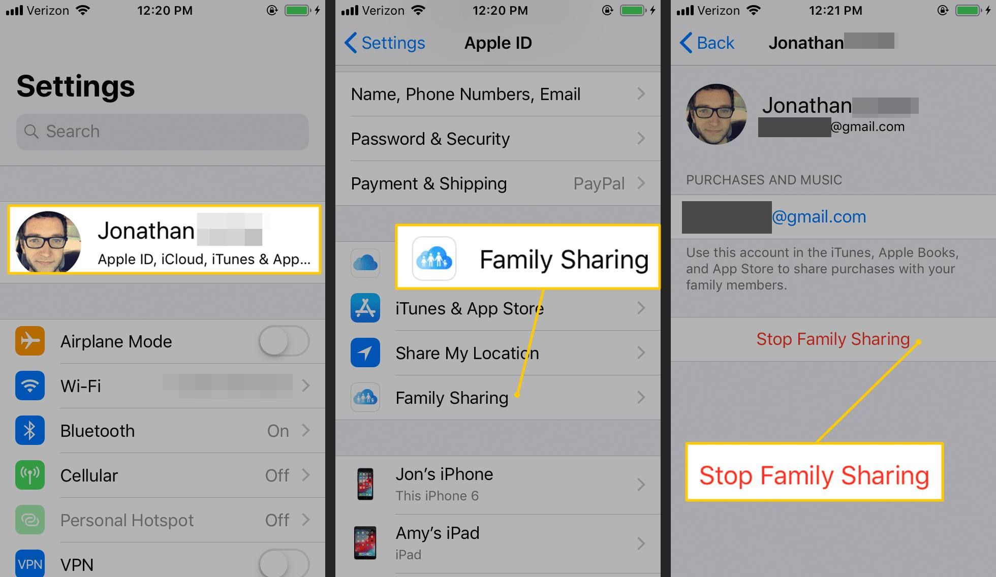 Кнопки «Имя», «Семейный доступ», «Остановить семейный доступ» в настройках iOS