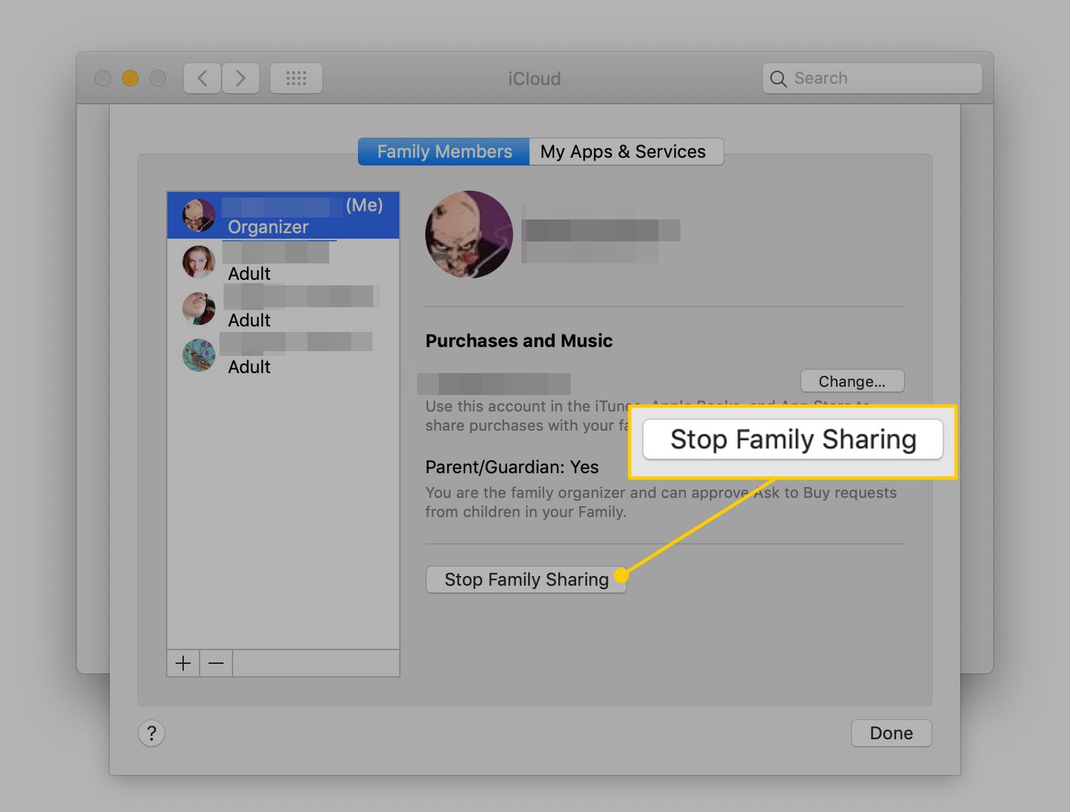 Остановите общий доступ к семье в системных настройках iCloud