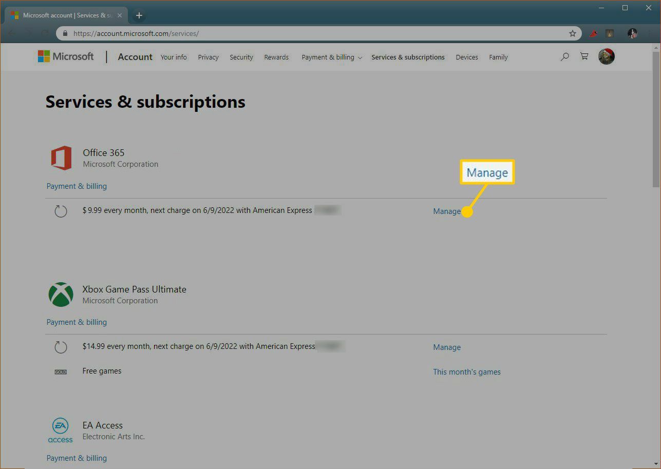 Снимок экрана веб-страницы служб и подписок Microsoft.
