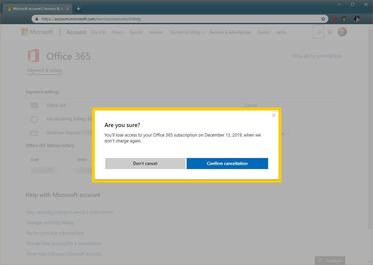 Снимок экрана, подтверждающий отмену Office 365.
