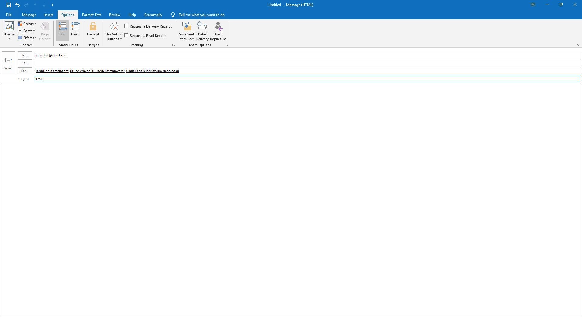 И электронное письмо с получателями в поле BCC, готовое для создания в скриншоте Outlook