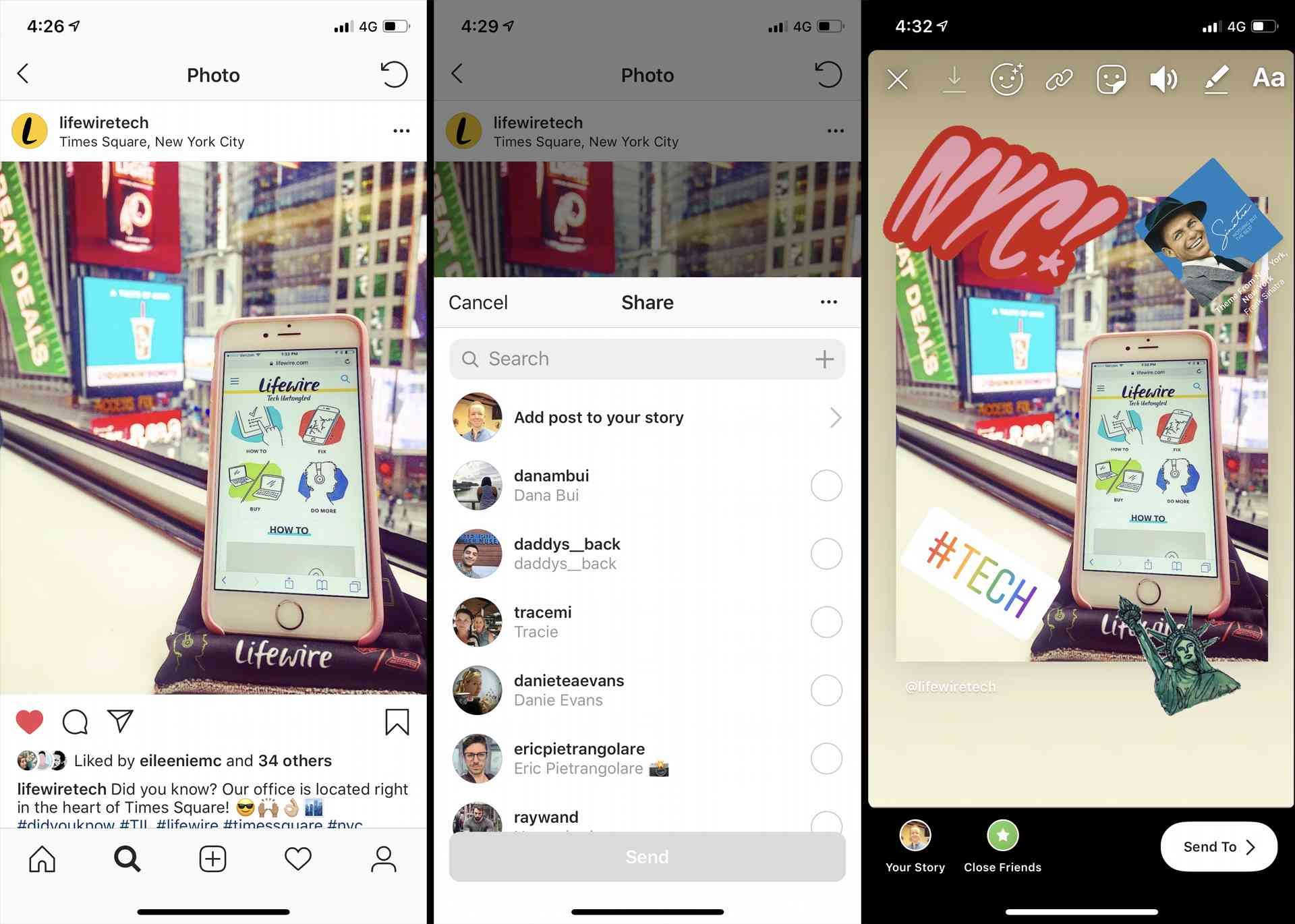 Совместное использование поста Instagram в Instagram Story в приложении для iPhone.
