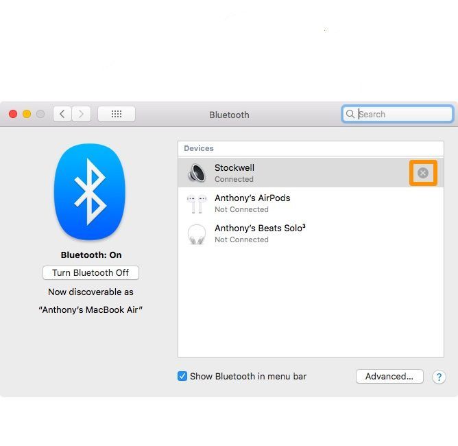 Экран настроек Bluetooth в macOS