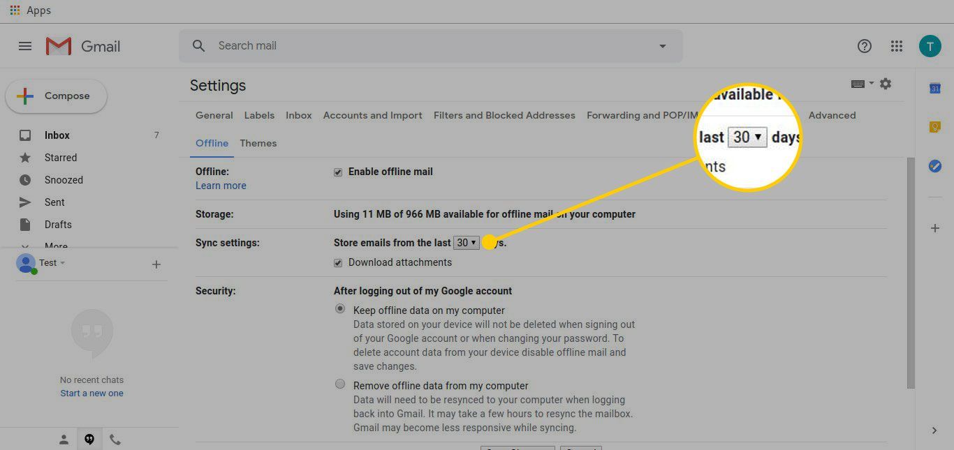 Настройки Gmail Offline с выделенным меню настроек синхронизации