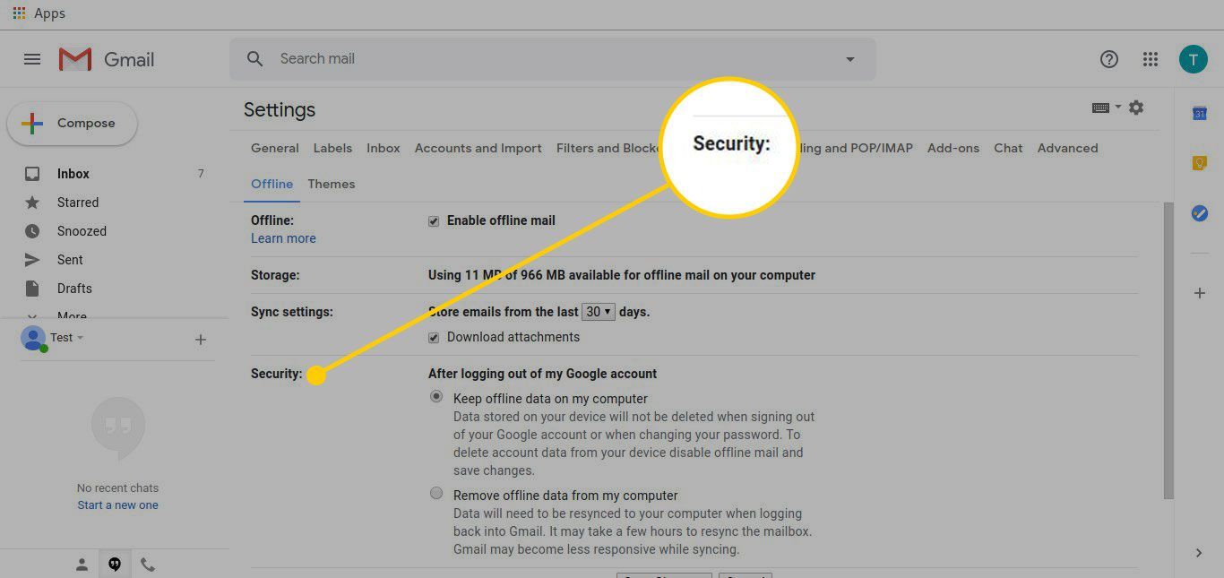 Настройки Gmail Offline с выделенным заголовком «Безопасность»