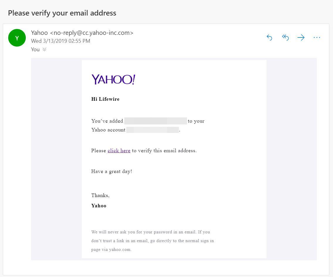 Письмо с подтверждением, отправленное Yahoo