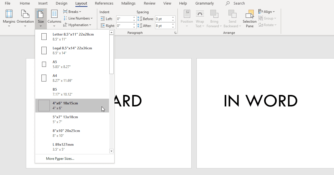 размер выпадающего меню в Microsoft Word
