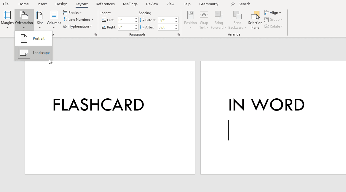 раскрывающееся меню в Microsoft Word, показывающее ориентацию страницы