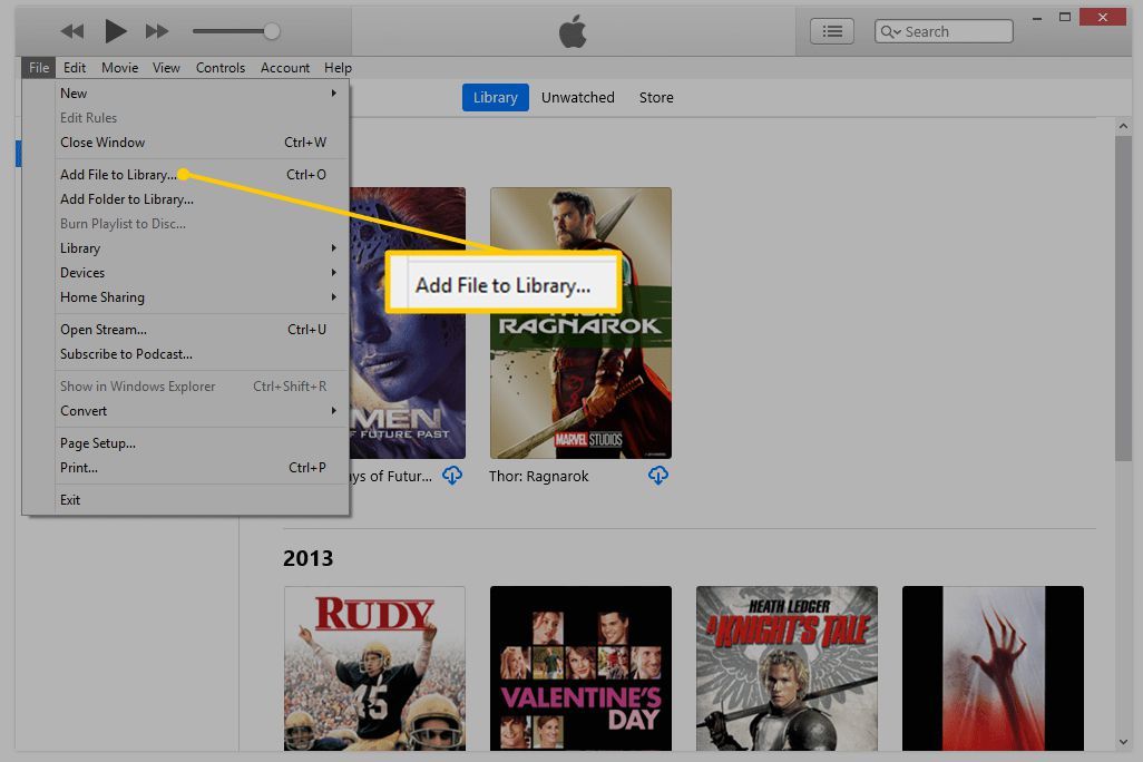 Пункт меню «Добавить файл в библиотеку» в iTunes