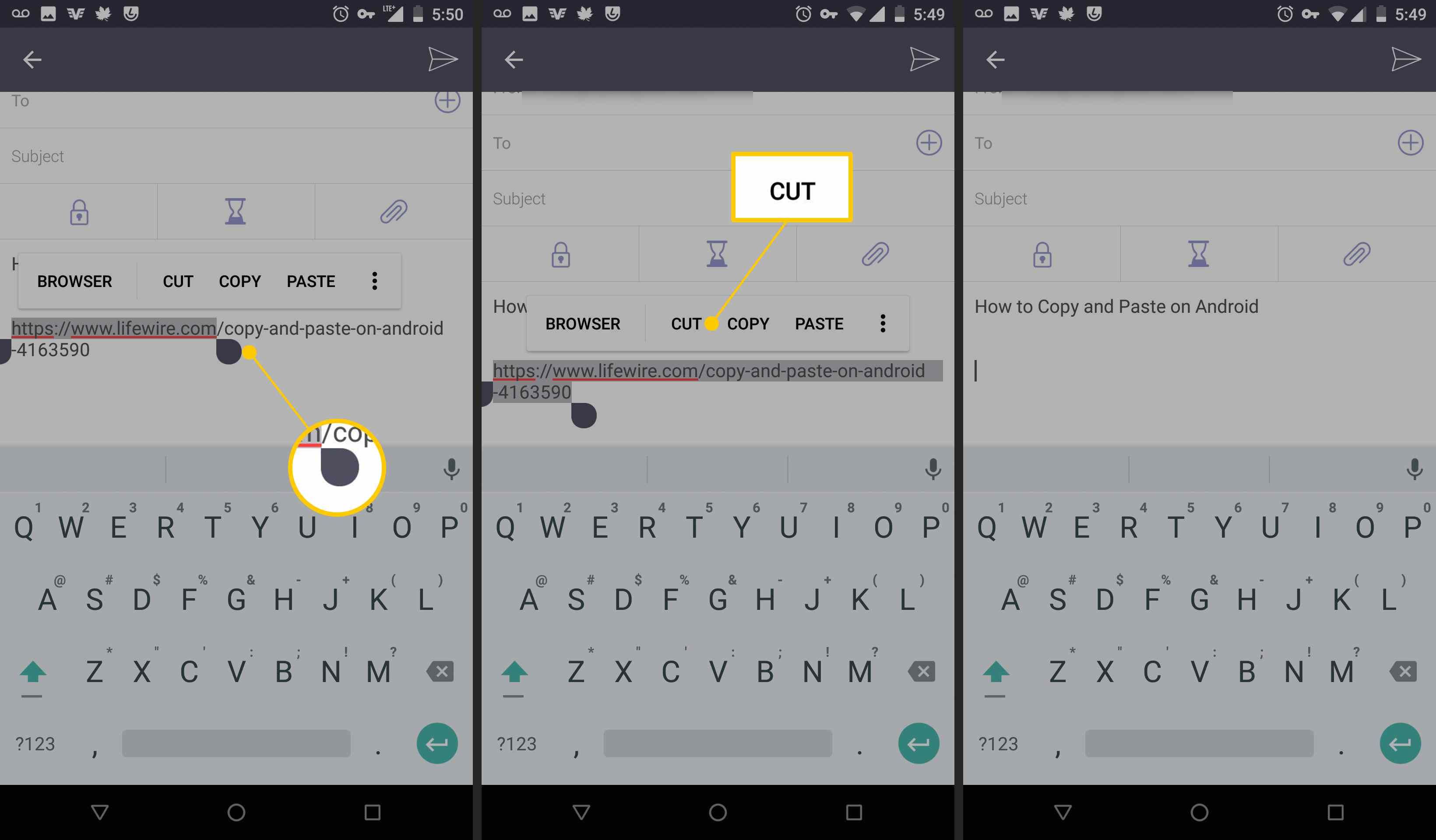 Ручка выбора, кнопка «Вырезать» в Android