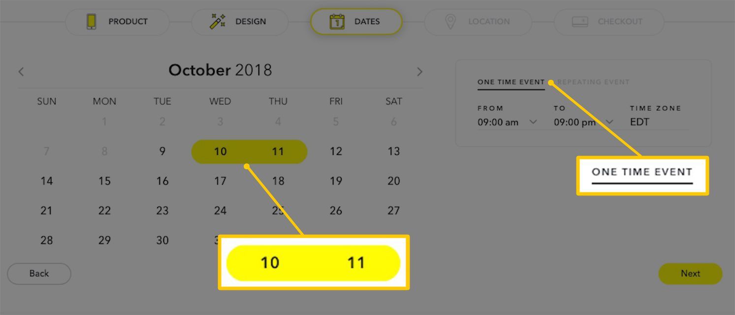 Снимок экрана Snapchat.com's filter active date options, with a calendar and type of Event