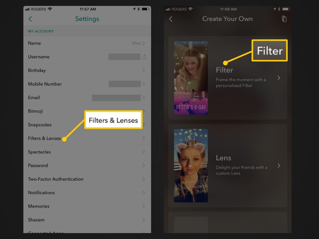 Фильтры и линзы, затем кнопки «Фильтр» в приложении Snapchat