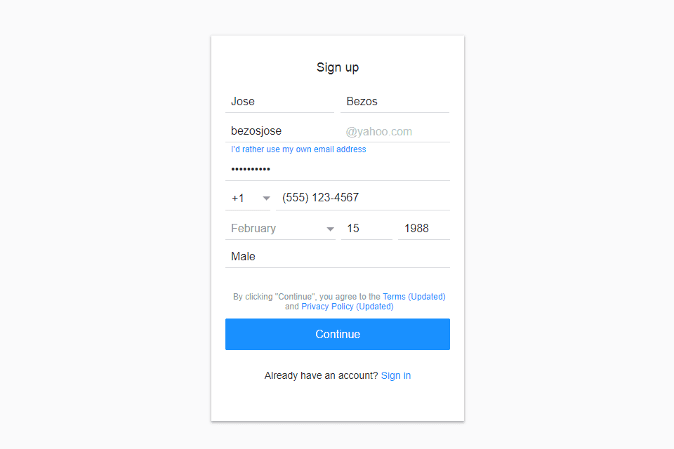 Снимок экрана для формы регистрации в Yahoo Mail