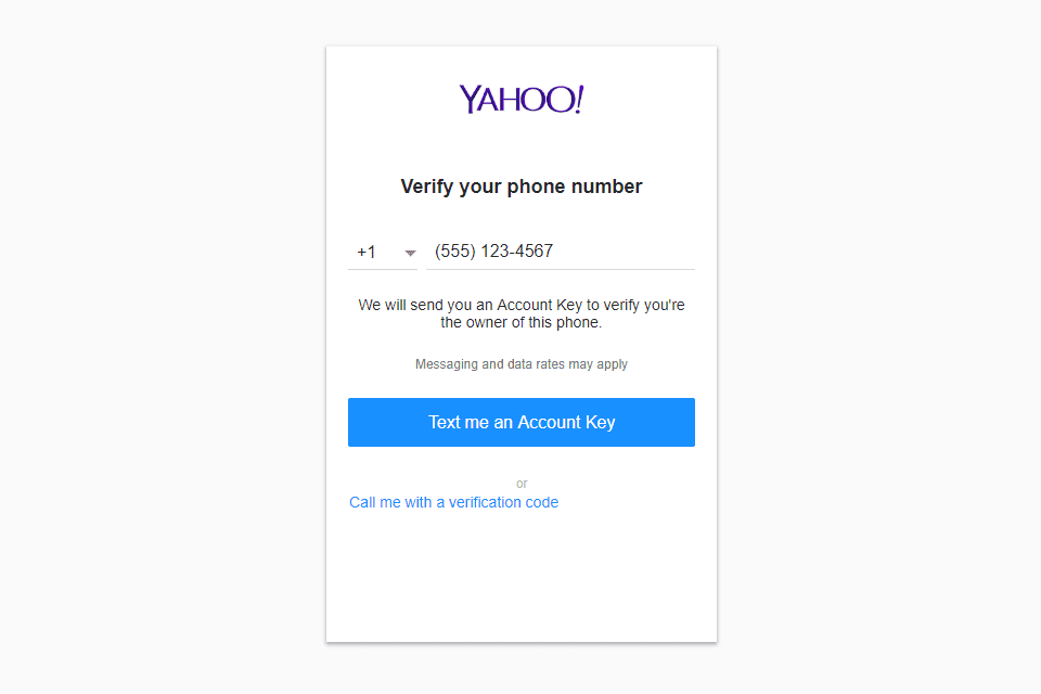 Снимок экрана шага проверки телефона на экране регистрации в Yahoo Mail