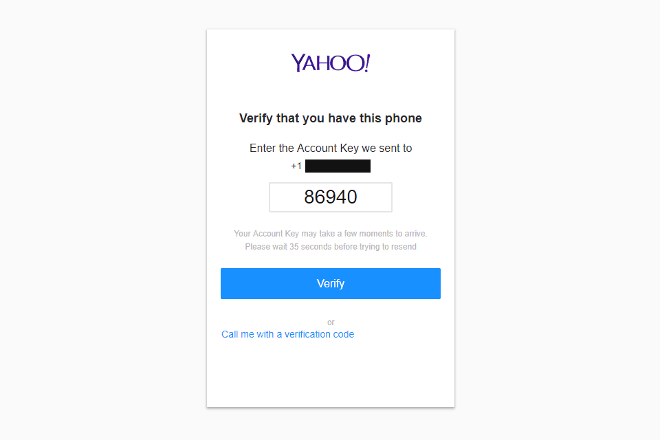 Снимок экрана шага ключа учетной записи экрана регистрации в Yahoo Mail