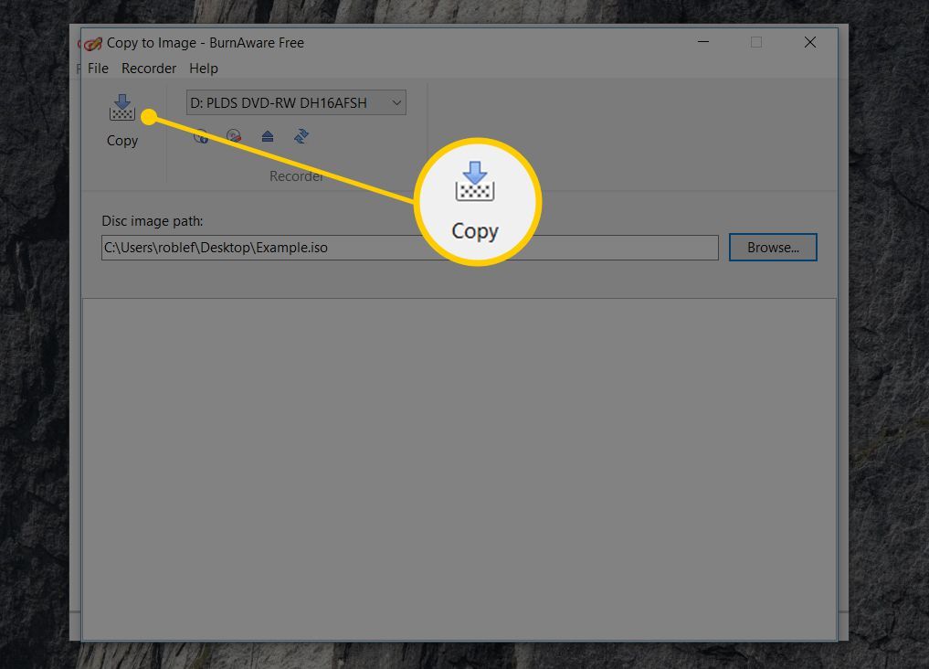 Кнопка «Копировать» в BurnAware Free ISO для записи программного обеспечения для Windows 10