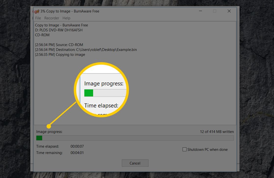 Процесс записи изображений в BurnAware Free для Windows 10