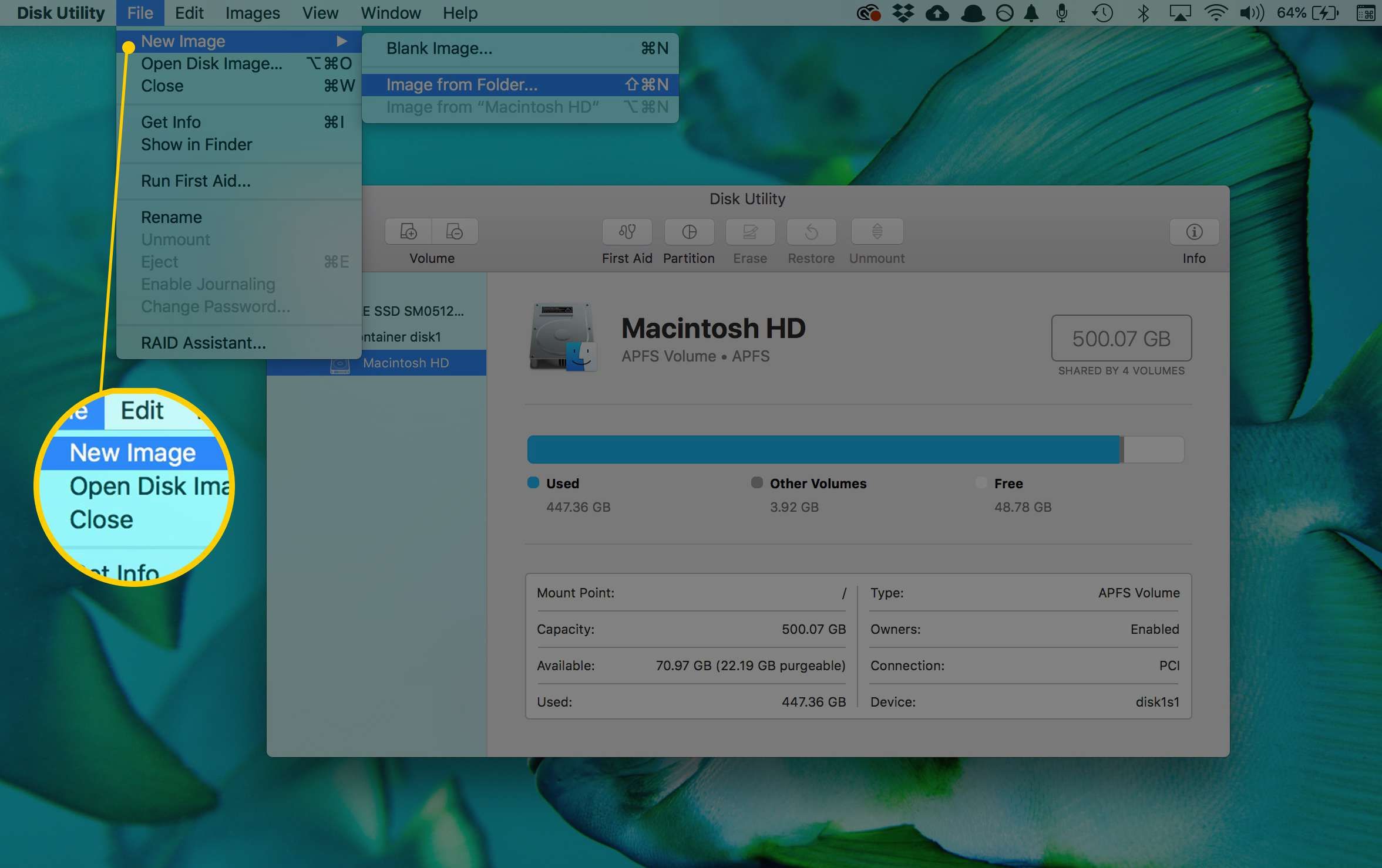 Снимок экрана: пункт меню «Новое изображение» в приложении Disk Utility в macOS