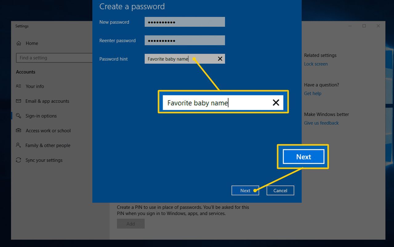 Поле подсказки пароля и кнопка «Далее» в разделе «Создать пароль»