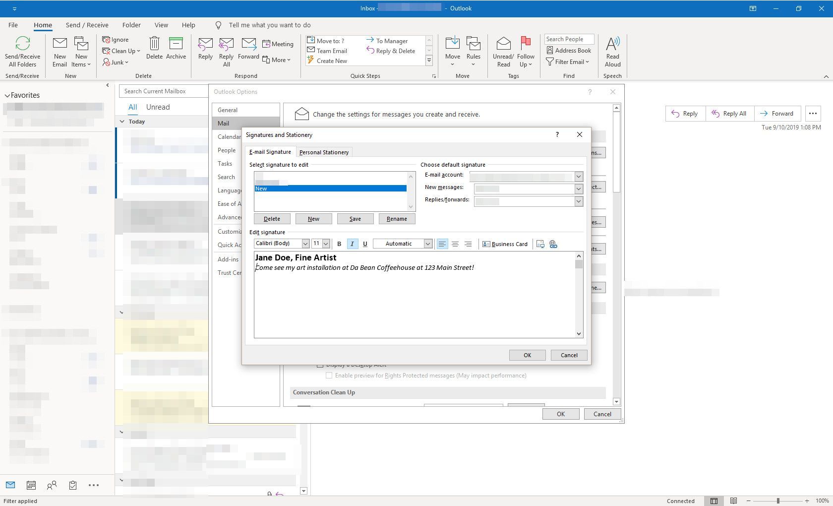 MS Outlook с диалоговым окном подписи и канцелярских товаров