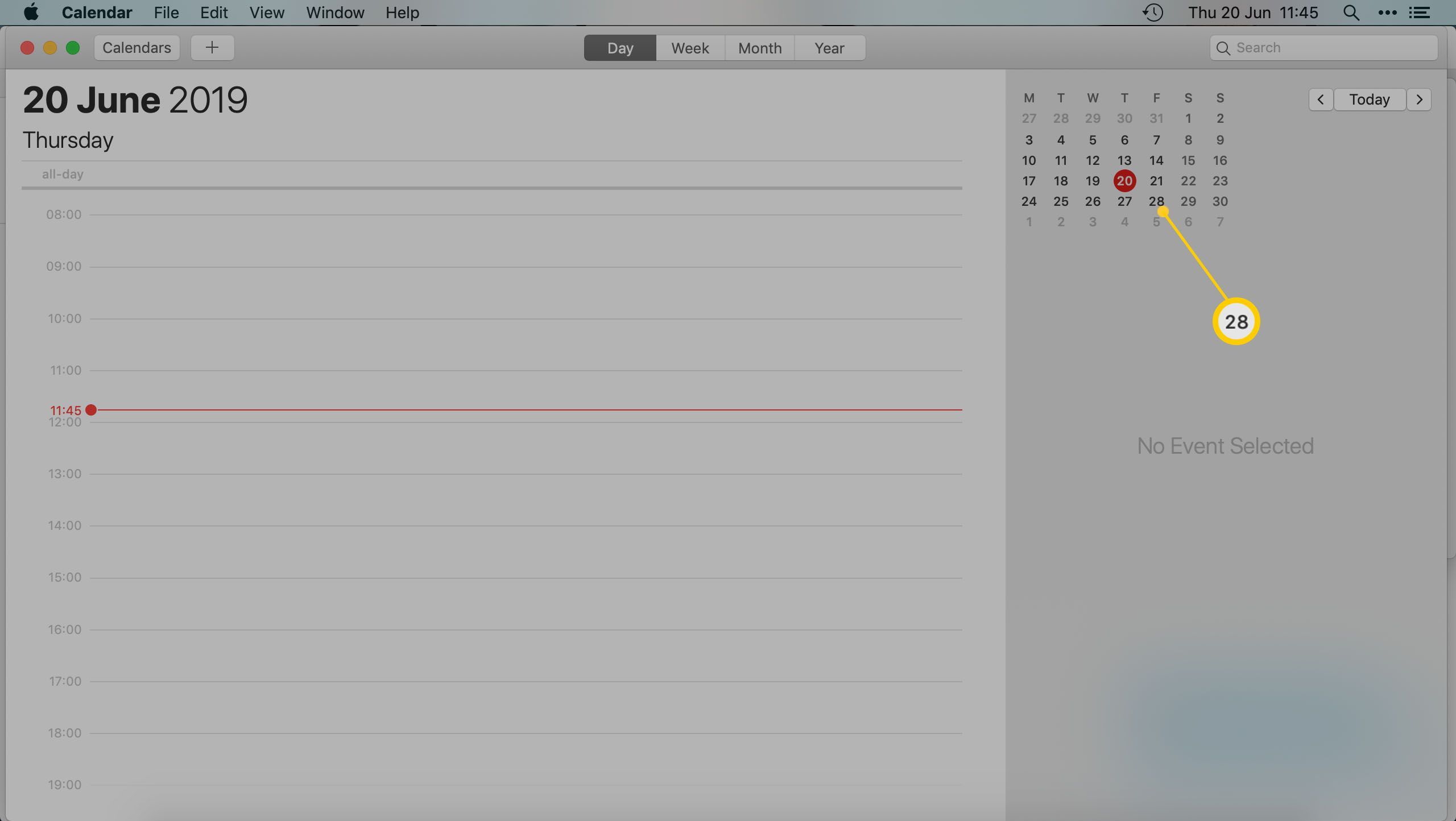 Главный экран приложения Mac Calendar, отображающий выбранную дату месяца