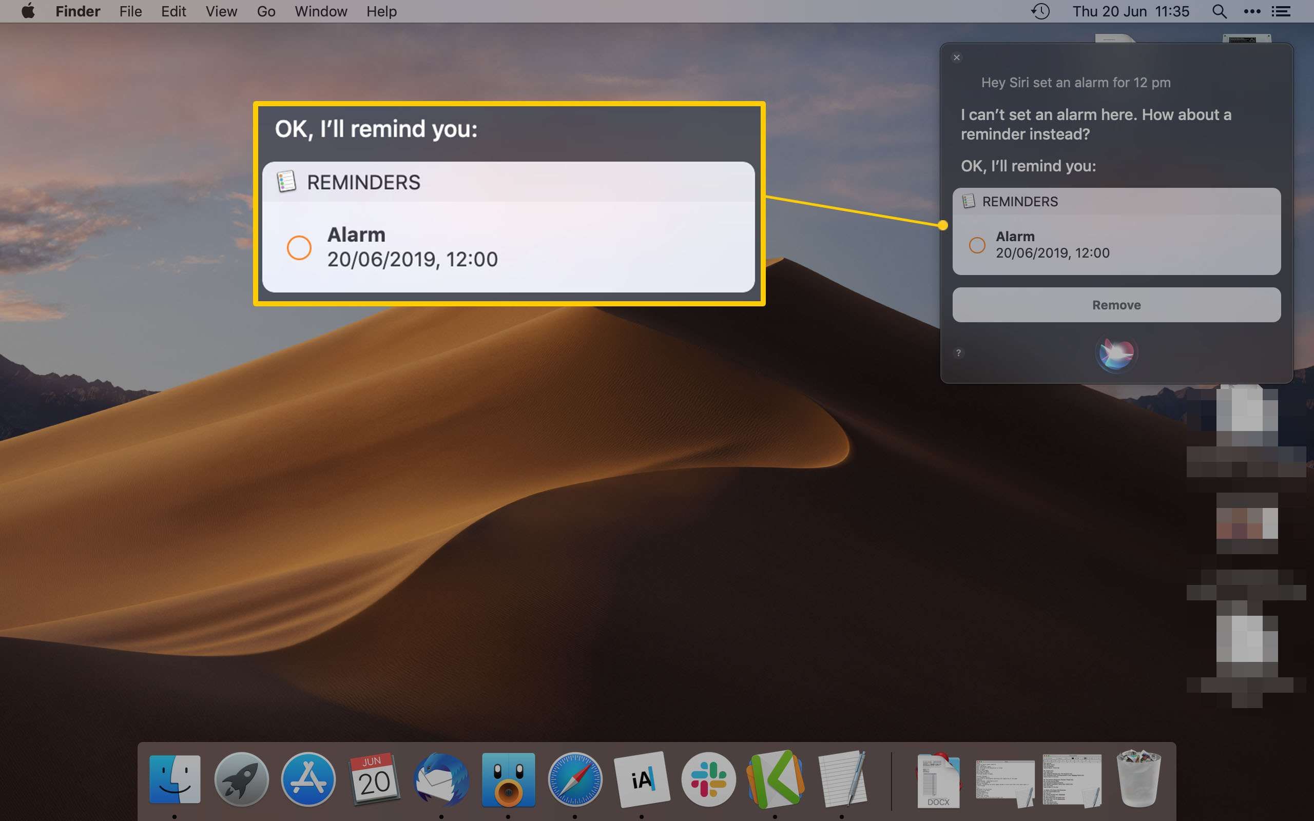 Mac Desktop - Siri, отображающий напоминание о наборе