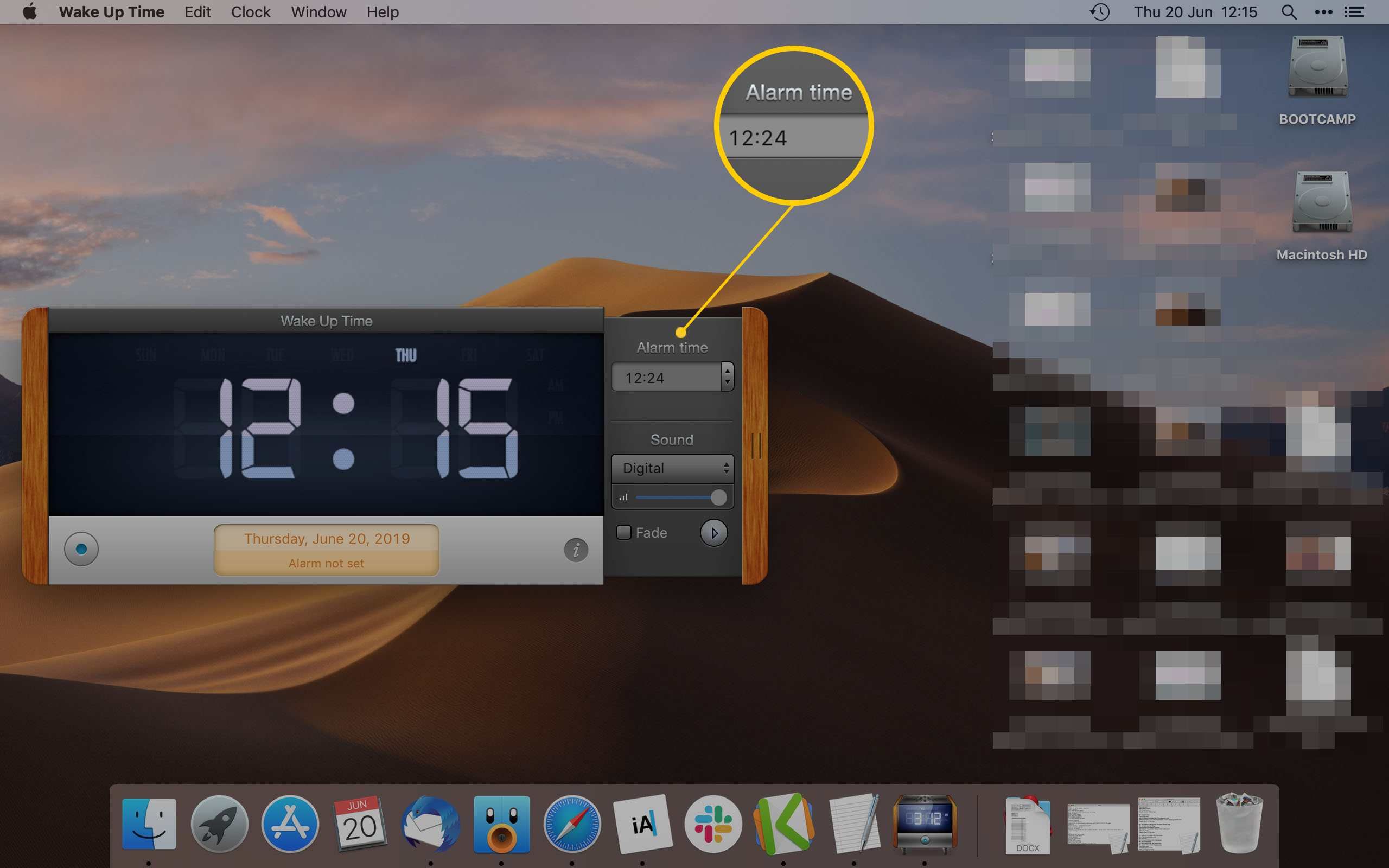 Приложение Wake Up Time на Mac, показывающее, как установить время будильника