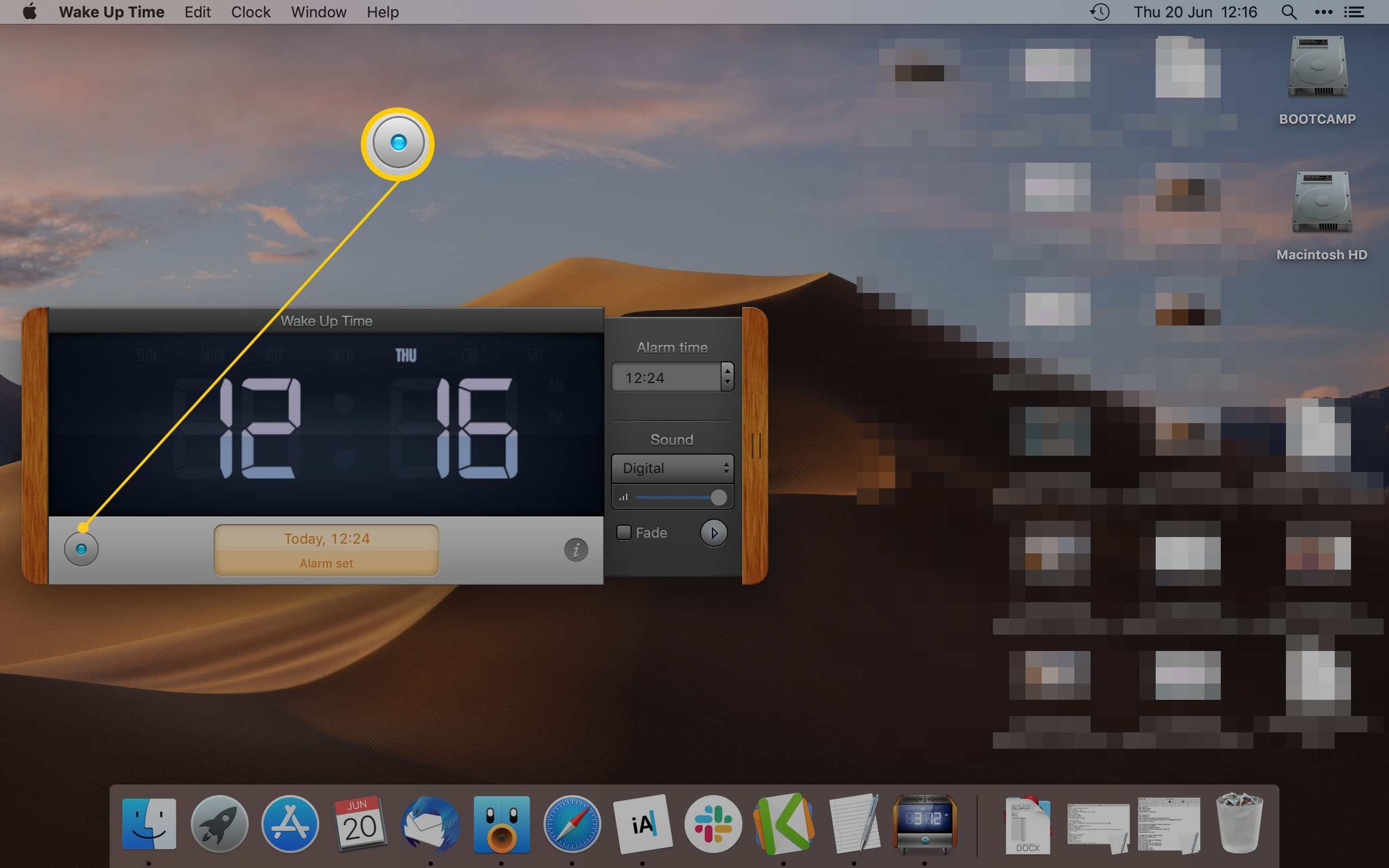 Приложение Wake Up Time для Mac, показывающее, какую кнопку нажать, чтобы установить будильник