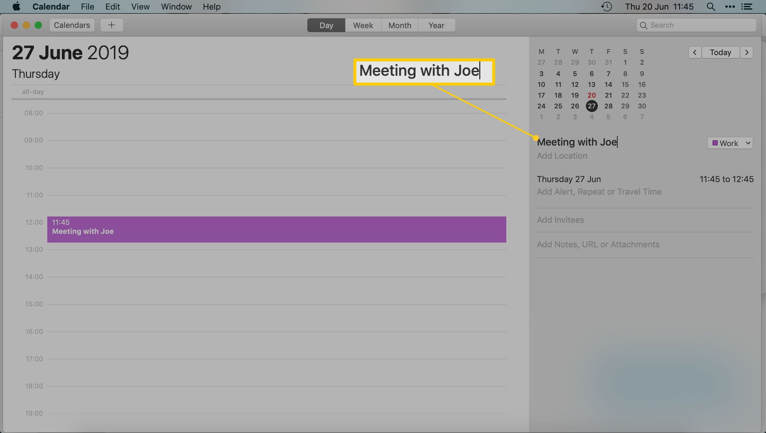 Приложение Mac Calendar - Ввод названия встречи или встречи