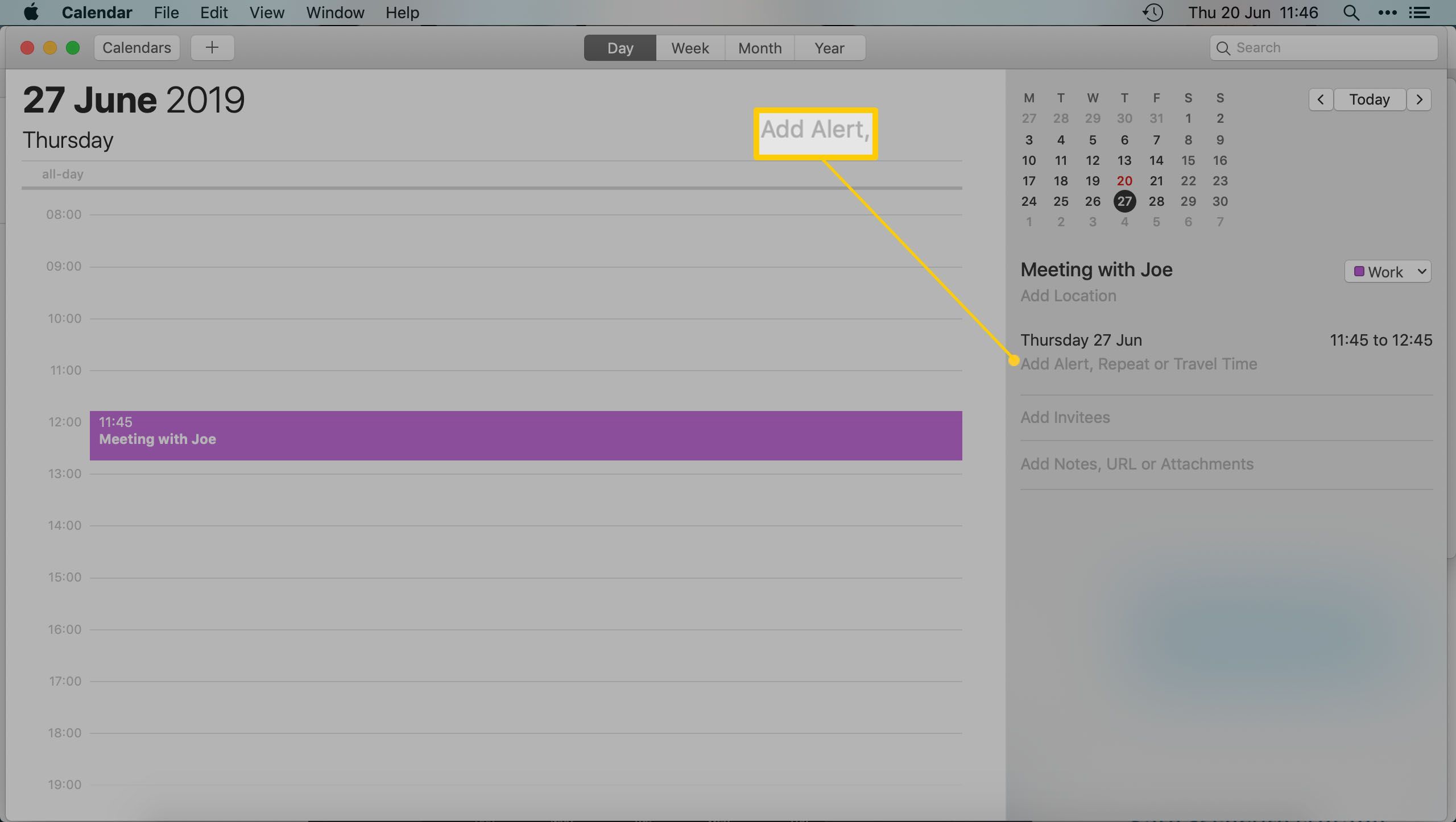 Приложение Mac Calendar - выделение добавления оповещения на встречу
