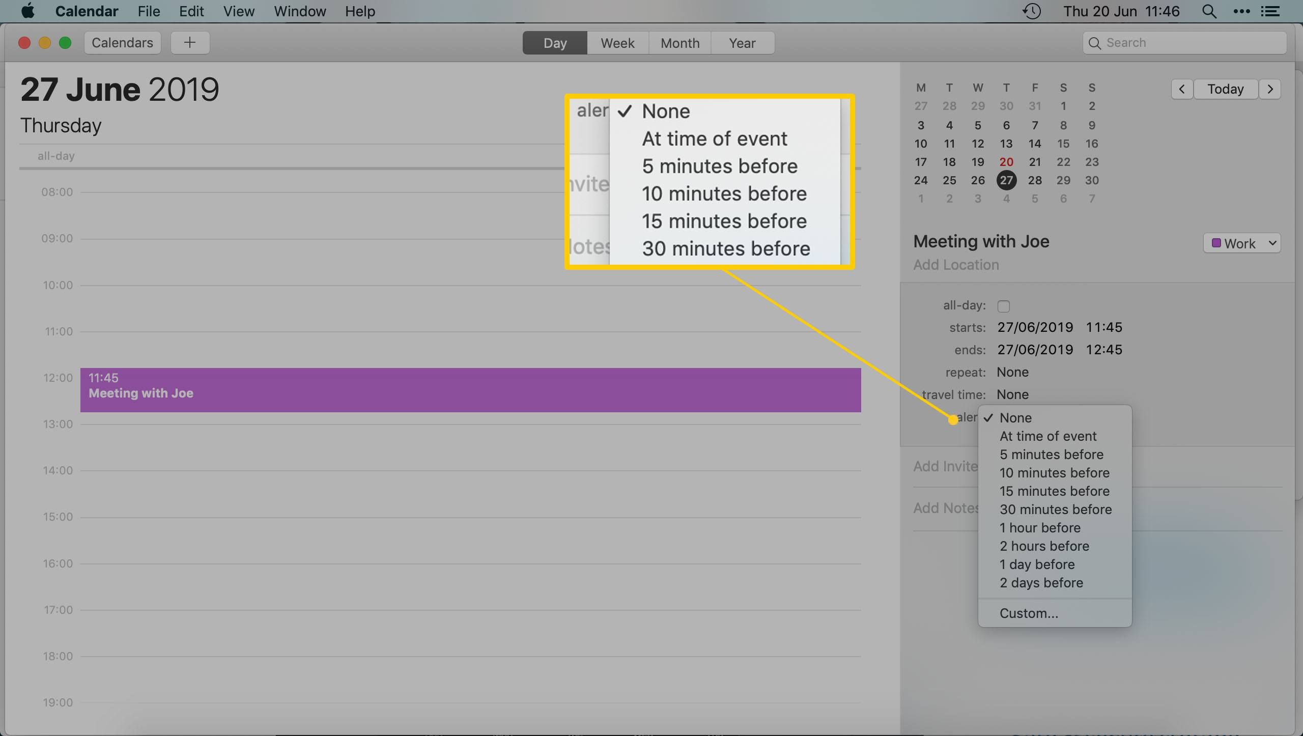 Приложение Mac Calendar - Настройка оповещения о времени для встречи