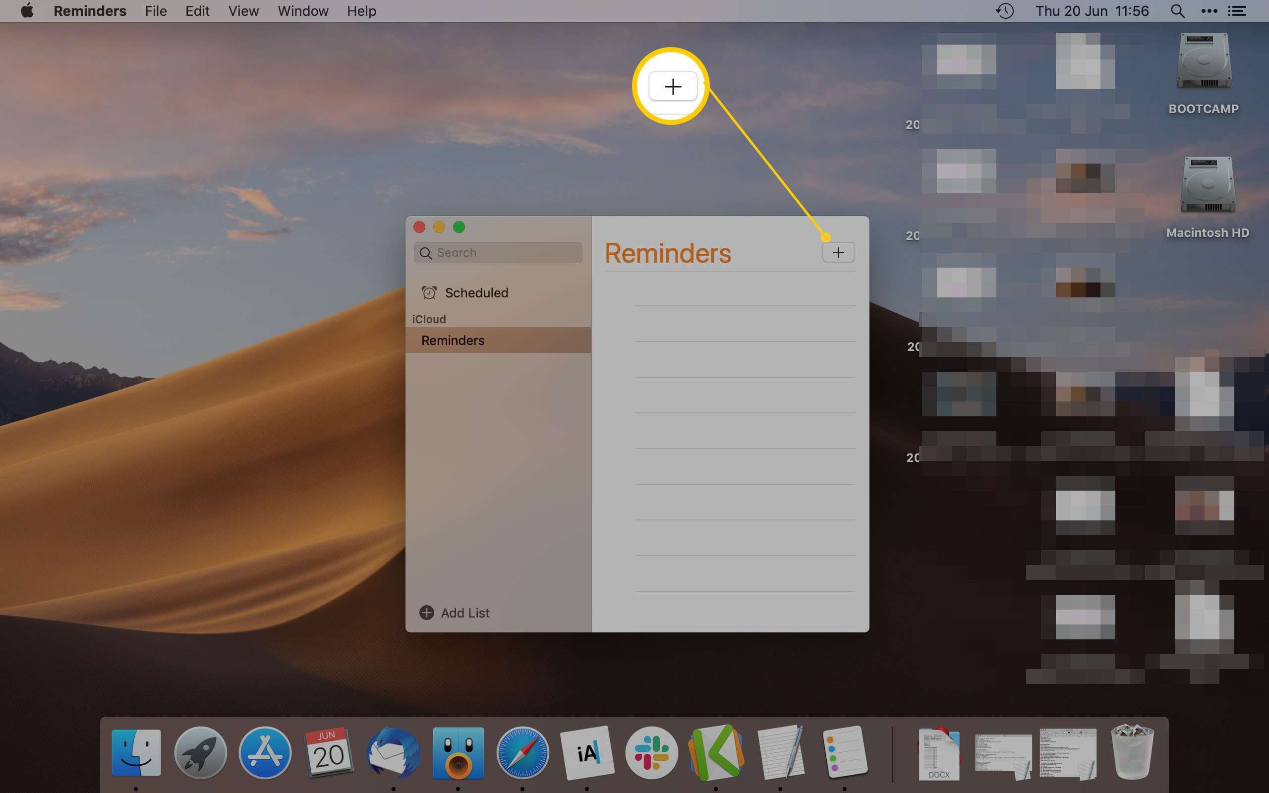 Приложение Mac Reminder, выделив значок добавления