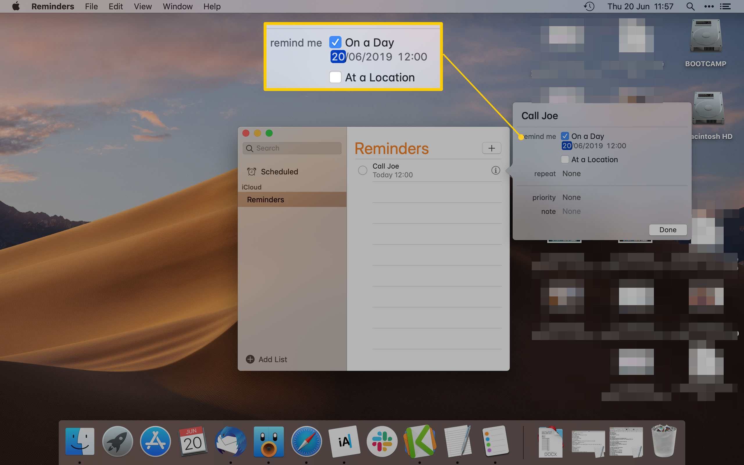 Приложение Mac Reminder с подсветкой параметров «Напомнить в день»