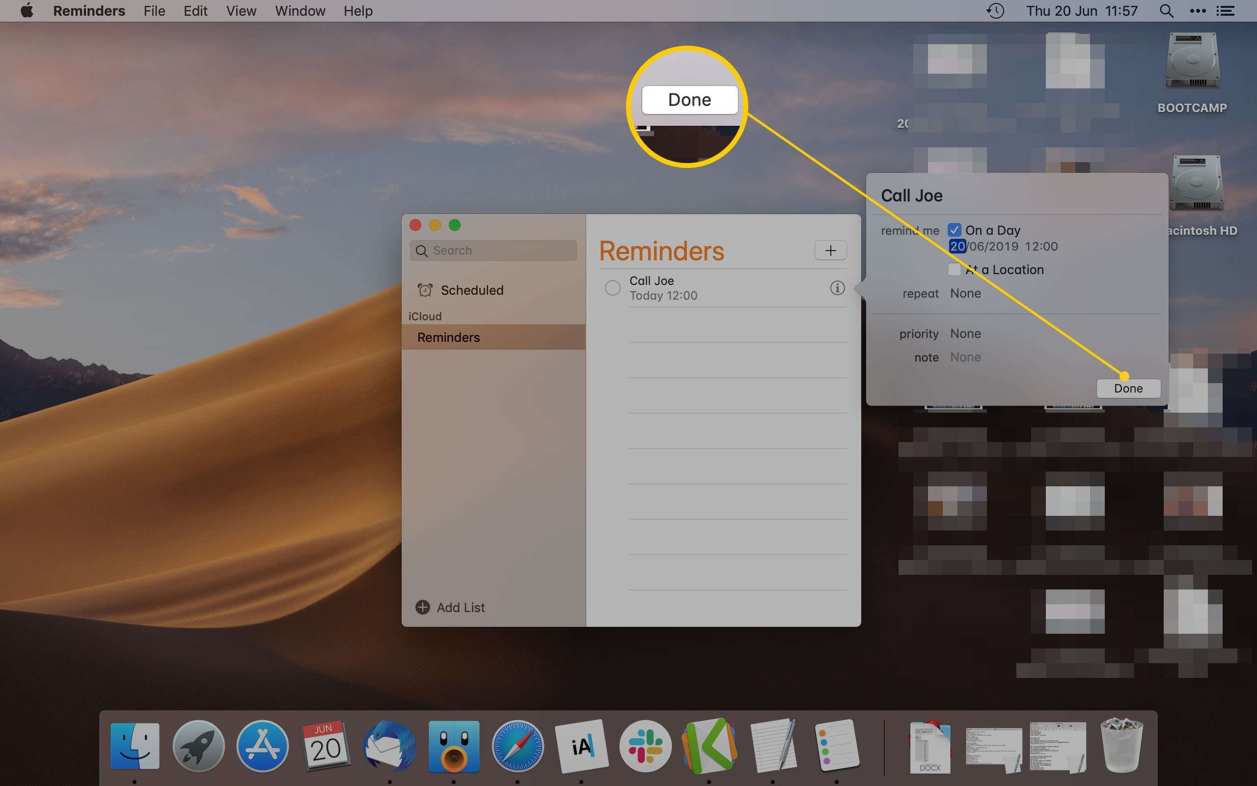 Mac Reminder App Подсветка кнопки Готово