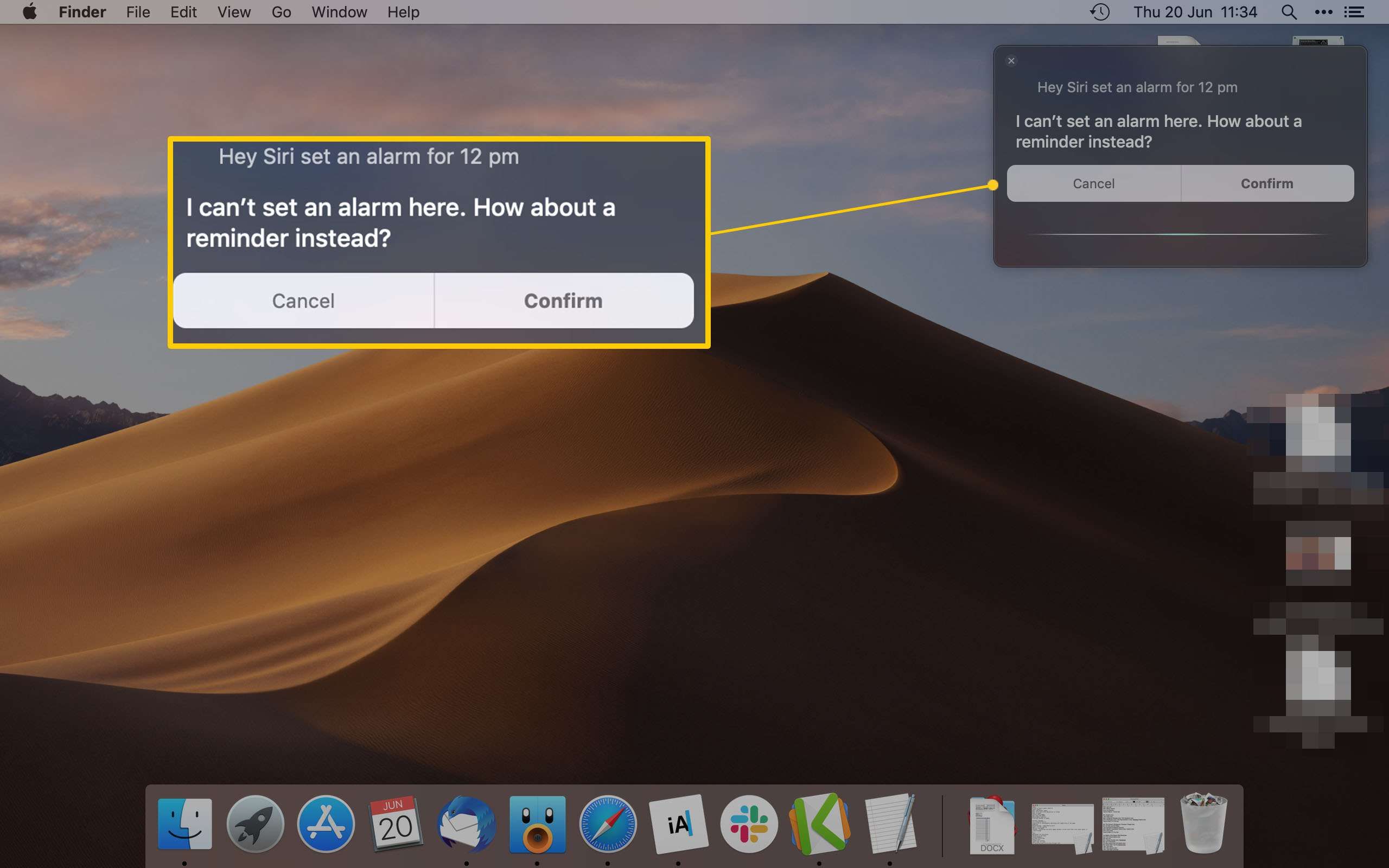 Mac Desktop отображает Siri, устанавливающий напоминание