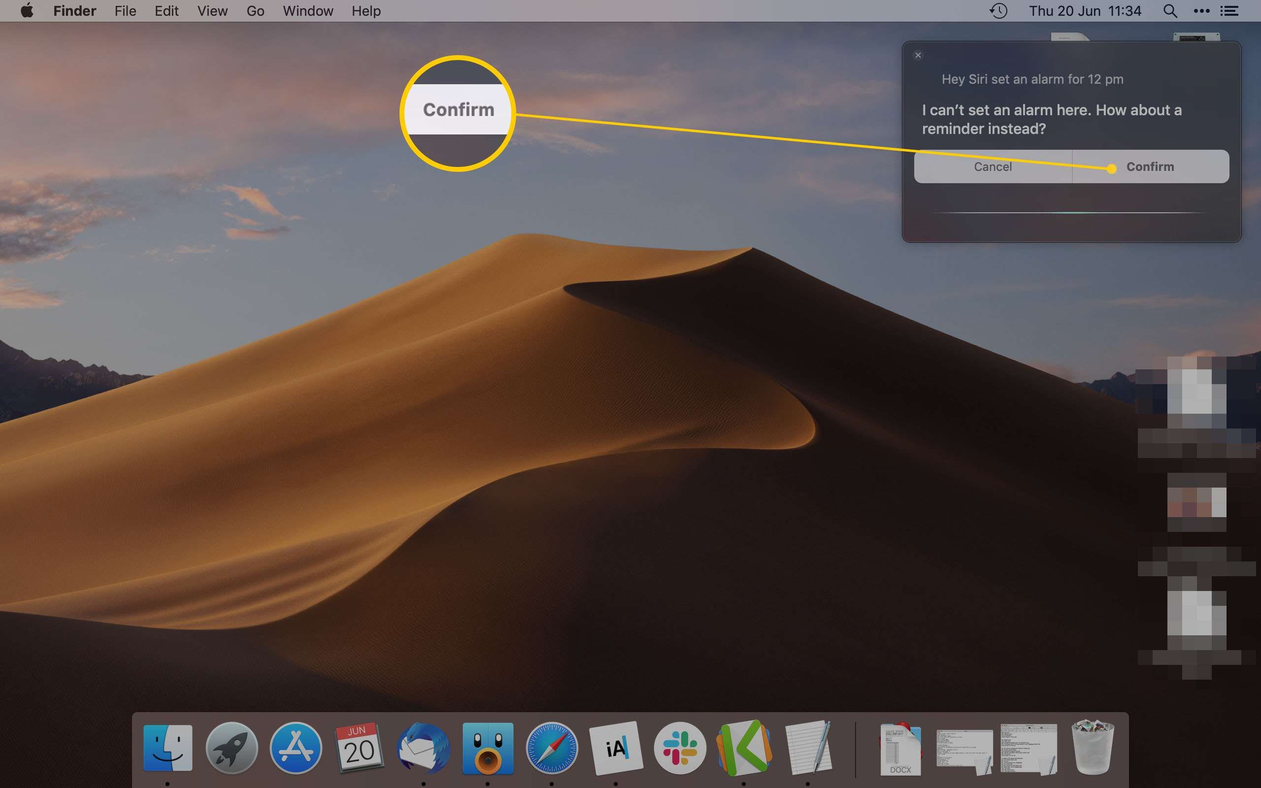 Mac Desktop подтверждает тревогу / напоминание через Siri