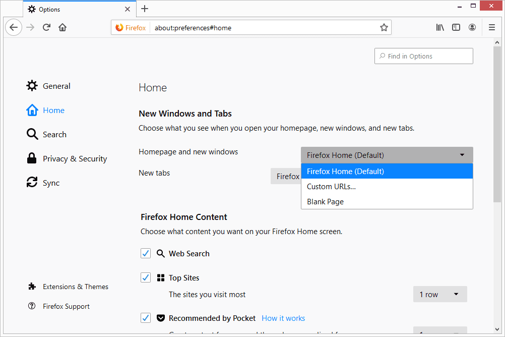 Опция домашней страницы в Firefox