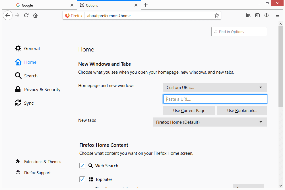 Опция пользовательских URL для домашней страницы Firefox