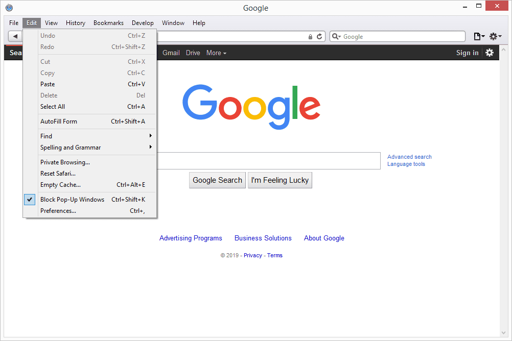 Меню «Правка» в Safari для Windows