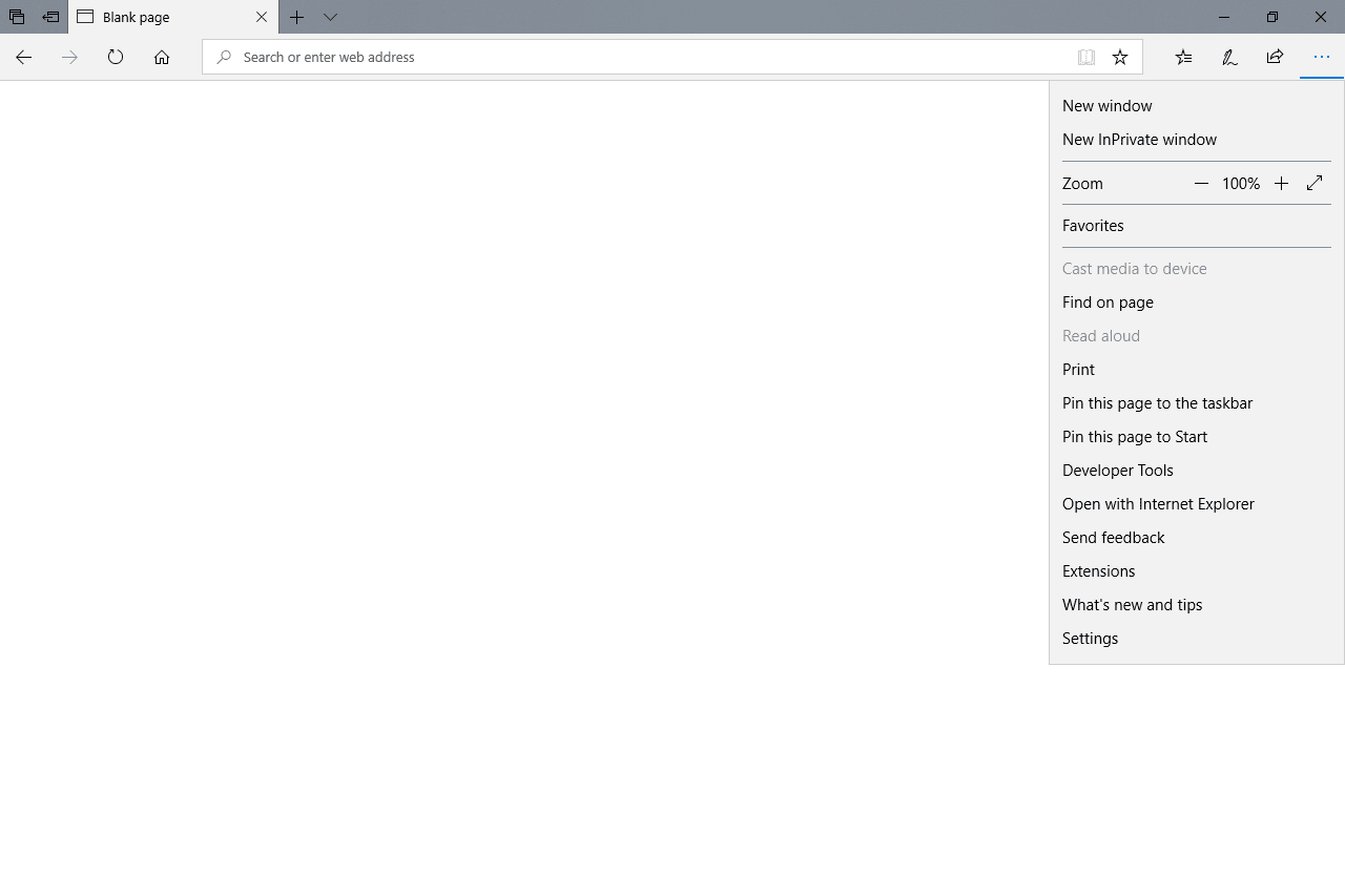 Пункты меню Microsoft Edge