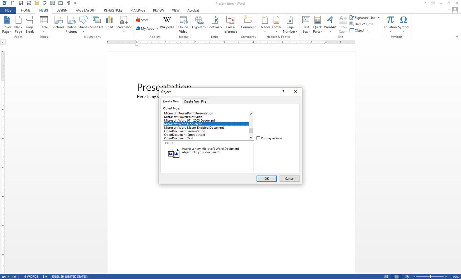 Диалоговое окно Microsoft Word Object с выбранным документом Microsoft Word