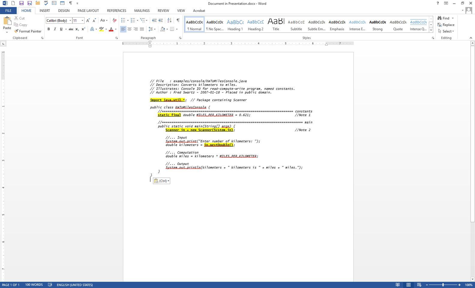 Microsoft Word отображает исходный код для вставки в документ презентации Word