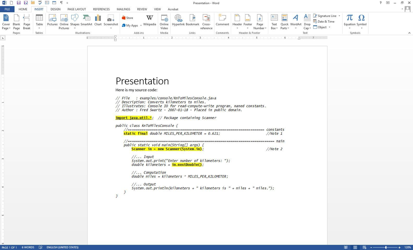 Документ Microsoft Word со вставленным исходным кодом