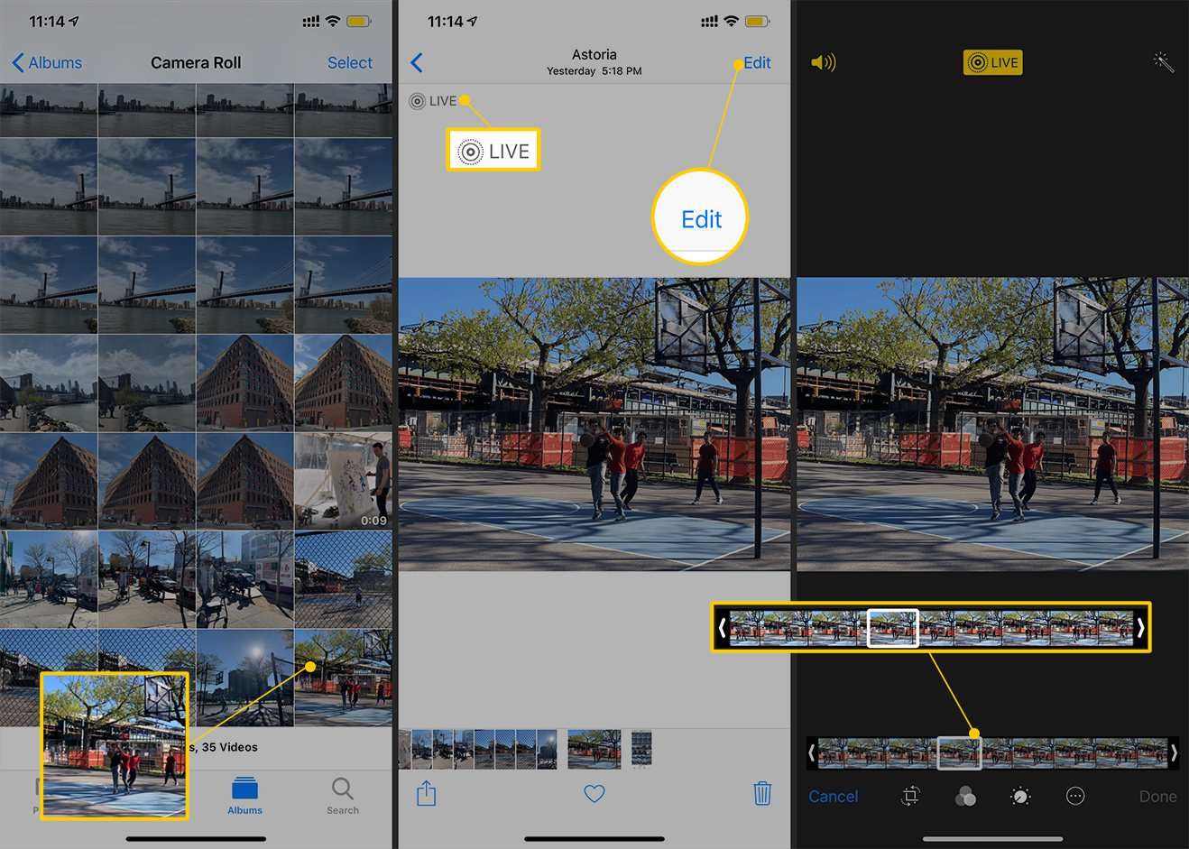 Используемые фотографии, кнопки «Живой» и «Редактировать», временная шкала и выбранный кадр в «Фото для iOS»