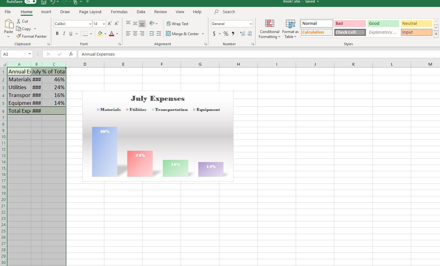 Снимок экрана с выбранными столбцами в Excel